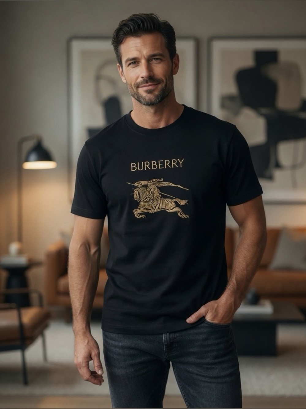 Burberry Black Tee with Gold Embroidered Logo and Knight